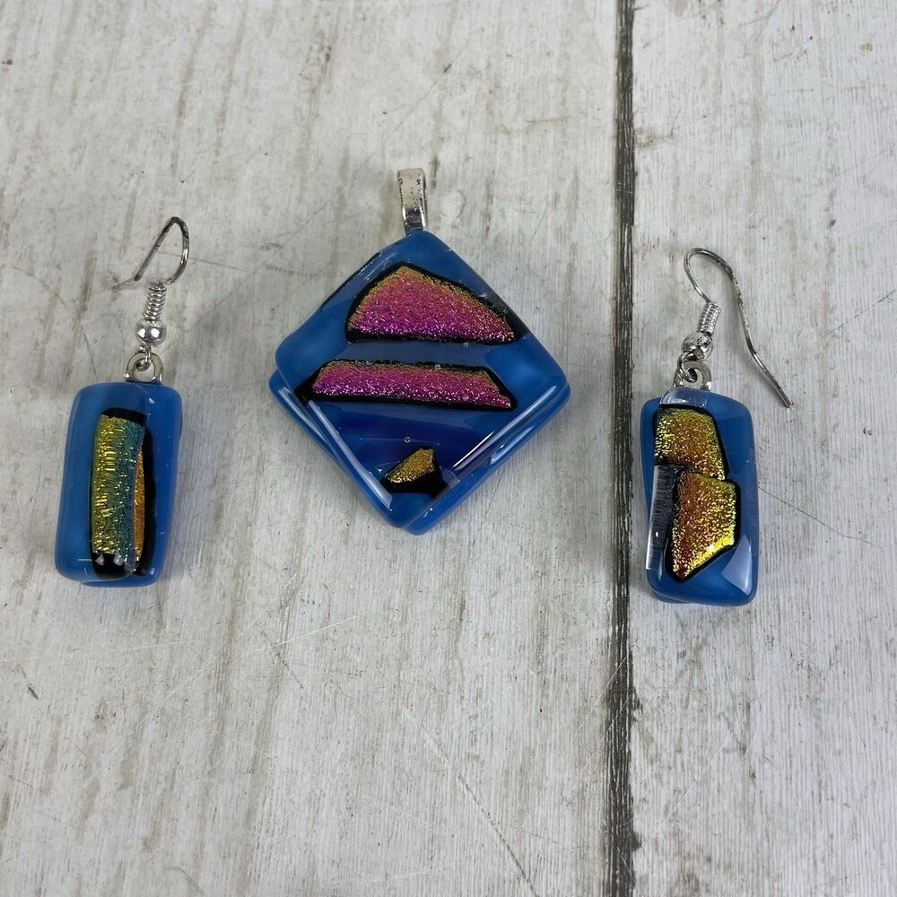 Blue Pink Dichroic Fused Glass Pendant & Earring Set